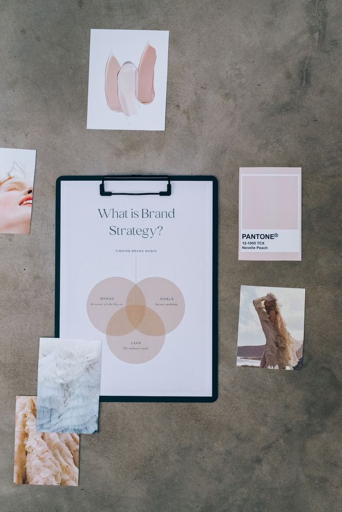 gallery-1 Flat lay of a brand strategy board surrounded by mood and color swatches on concrete.